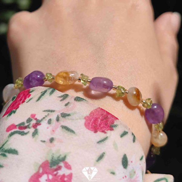 دستبند زنانه آمیتیست و سیترین و زبرجد(دستبند ثروت)