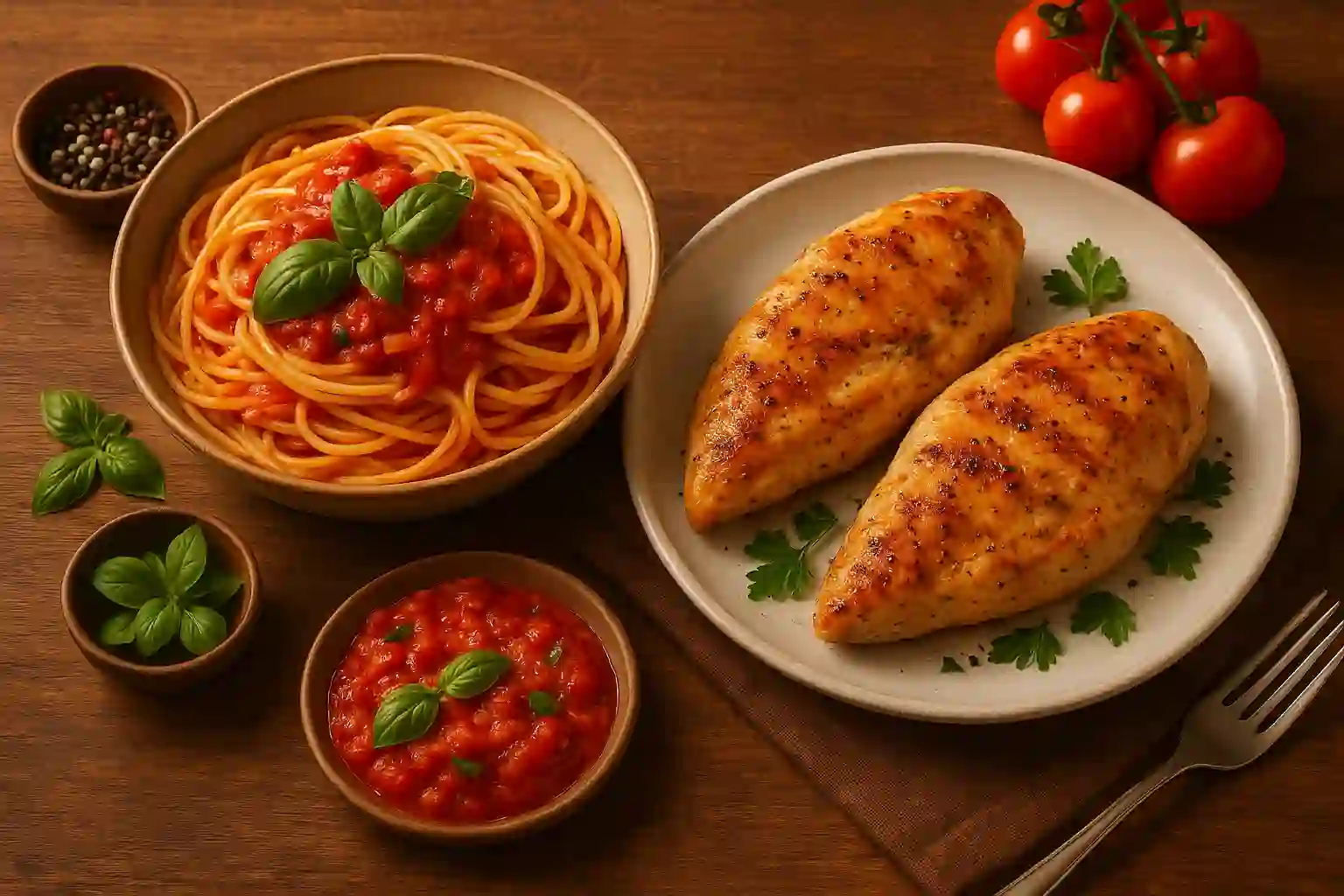 عکس شام سالم: "سینه مرغ گریل شده یا ماهی سالمون تازه به همراه سبزیجات بخارپز و تنوری – وعده‌ای سالم و کامل برای شام"