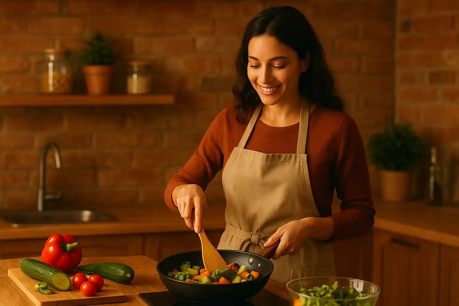 عکس آشپزی خانگی: "زن خانه‌دار در حال آماده‌سازی وعده‌های سالم هفته – آشپزی خانگی و مدیریت زمان